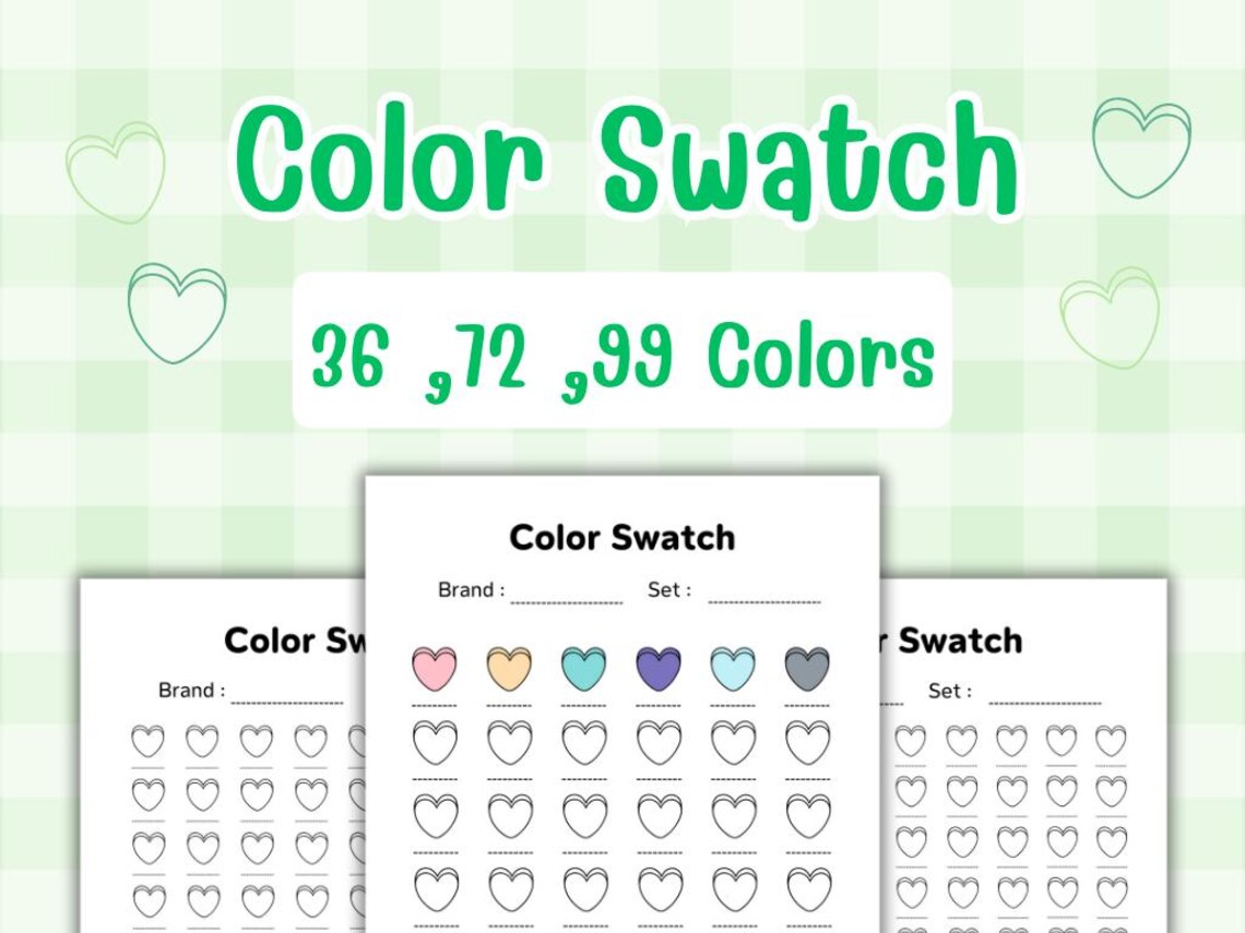 Cute Heart Color Swatch Chart Printable, Kawaii Color Swatches Sheets ...