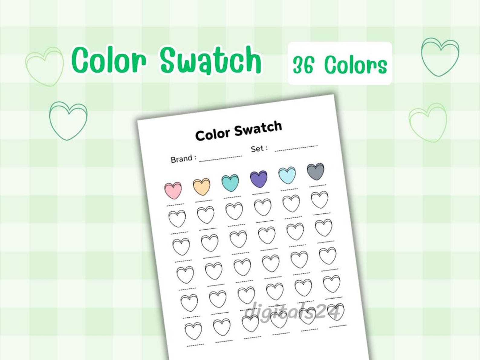 Cute Heart Color Swatch Chart Printable, Kawaii Color Swatches Sheets ...