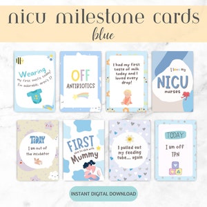Blauw thema NICU mijlpaalkaarten, Preemie mijlpaalkaarten, NICU premature babycadeau, moedercadeau, afdrukbare wiegkaarten, babyjongencadeau, fotoprop