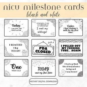 Cartes d’étape NICU noir et blanc, cartes d’étape prématurées, cadeau de maman NICU, cadeau de bébé, imprimable, cartes de berceau, téléchargement instantané, accessoire photo
