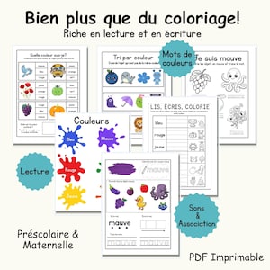 May include: A collection of printable educational worksheets for preschool and kindergarten. The worksheets feature color identification, reading, and writing exercises. The image includes text in French, with the words "Couleurs", "Lecture", and "PDF Imprimable".