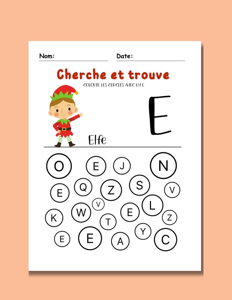 May include: A printable worksheet for kids to practice letter recognition. The worksheet features a cartoon elf and asks children to color in the circles containing the letter "E".