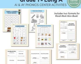 Grade 1 Long A AI AY Phonics Center Activities Vowel Team Games & Word Work Decodable Reading PDF