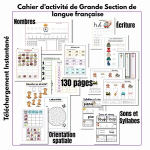 Cahier d'activité GS Exercice d'écriture, chiffre, syllabe, orientation spatiale et vocabulaire illustré maternelle et CP PDF à imprimer