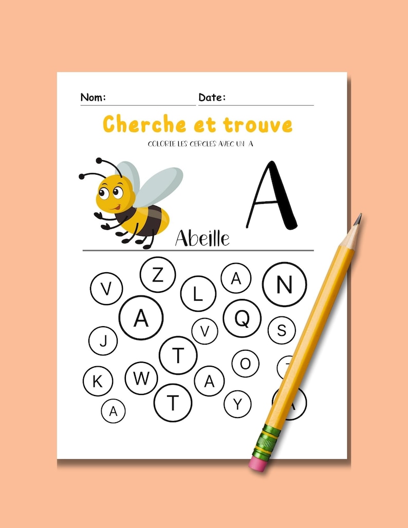 May include: A worksheet for kids to learn the letter A. The worksheet features a cartoon bee and asks the child to color in the circles that contain the letter A. The text on the worksheet says "Cherche et trouve" and "Colorie les cercles avec un A".