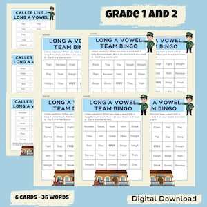 May include: Educational digital download featuring six Long A Vowel Team Bingo cards and a caller list. The cards have a light blue background with various words and illustrations. The text "Grade 1 and 2" is at the top.