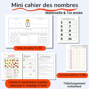 May include: A set of printable educational worksheets for early years learning. The worksheets cover number recognition, counting, and basic maths exercises. The title "Mini Number Workbook" is displayed at the top, with the text "Maternelle & 1re année".