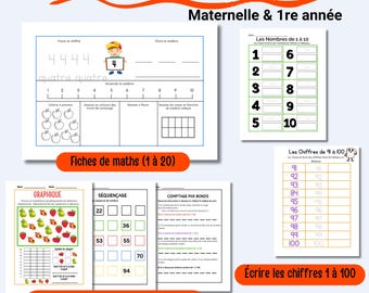 Cahier des nombres 1 à 100 CP et maternelle Fiche de numération 1re année Activité de comptage enfant Exercice de traçage et d'écriture.
