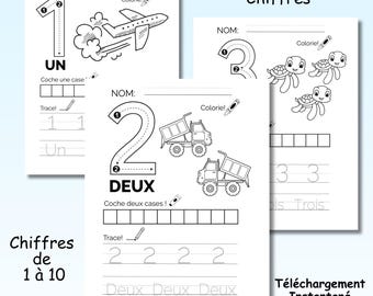 Cahier d'écriture de chiffre enfant préscolaire Page de traçage pour maternelle Feuille de comptage Ensemble de coloriage de nombre 1 à 10