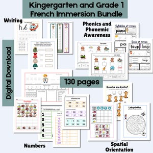 以下が含まれることがあります： 幼稚園と1年生向けのフランス語イマージョン教育用ワークシートのコレクション。このバンドルには、書き方、フォニックス、数字、空間認識に焦点を当てた130ページの活動が含まれています。ワークシートには、カラフルなイラストとフランス語のテキストが使用されています。