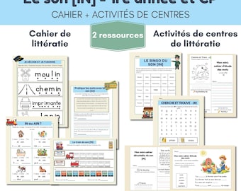 Son [IN] 1re année et CP | in im ain | Ensemble cahier + centres de littératie | Lecture et décodage | PDF à imprimer