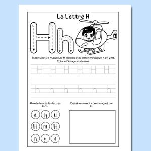 Op de afbeelding: Een printbaar werkblad om de letter H in het Frans te leren. Het werkblad bevat een helikopterillustratie en instructies om de hoofdletters en kleine letters in verschillende kleuren te traceren. Het bevat ook oefeningen om de letter te schrijven en te identificeren in een woordzoeker.