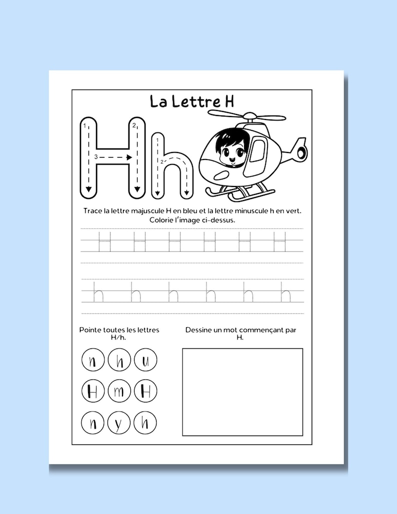 Op de afbeelding: Een printbaar werkblad om de letter H in het Frans te leren. Het werkblad bevat een helikopterillustratie en instructies om de hoofdletters en kleine letters in verschillende kleuren te traceren. Het bevat ook oefeningen om de letter te schrijven en te identificeren in een woordzoeker.