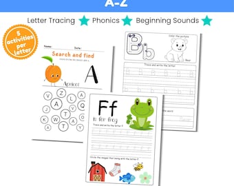 Kindergarten Alphabet Workbook A-Z Letter Tracing Worksheets Phonics Activities Preschool Literacy Homeschool Printable