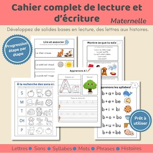 May include: A French educational reading and writing workbook for kindergarteners featuring multiple activity pages with illustrations, letter tracing exercises, syllable combinations, and reading comprehension tasks with text in French.