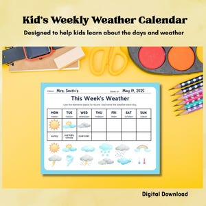 Könnte beinhalten: Ein farbenfroher Wochenwetterkalender für Kinder mit blauem Rand und Wettersymbolen. Der Kalender enthält Felder zur Aufzeichnung der täglichen Wetterbedingungen, mit dem Text "Kid's Weekly Weather Calendar" oben. Entwickelt, um Kindern das Wetter beizubringen.