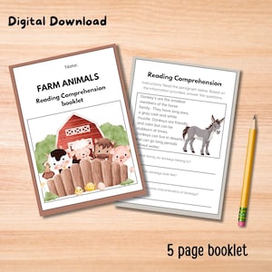 Puede incluir: Un folleto imprimible de 5 páginas para que los niños aprendan sobre los animales de granja. El folleto presenta una ilustración de dibujos animados de un granero rojo con animales de granja mirando por encima de una cerca. El texto de la portada dice "Farm Animals Reading Comprehension Booklet".