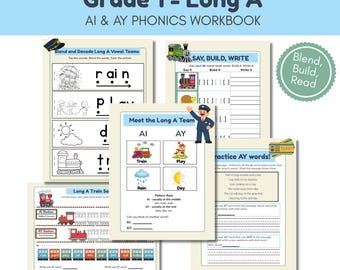 Grade 1 Long A AI AY Phonics Workbook Vowel Team Reading, Blending & Decoding Practice Word Building Worksheet PDF