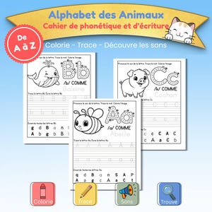 以下が含まれることがあります： 「Alphabet des Animaux」というタイトルの子供向け教育用ワークブックで、「Colorie - Trace - Découvre les sons」というテキストが書かれています。このワークブックには、クジラ、豚、蜂などの動物と文字のイラストが含まれており、色塗り、トレース、音の学習に使用できます。