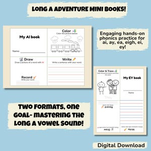 Minilibro de ejercicios de fonética con la vocal larga "A" para 1.º y 2.º grado. Actividad de ortografía, escritura y trabajo con palabras. Hoja de trabajo imprimible para el centro de alfabetización.