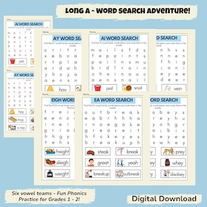 May include: Educational printable featuring six vowel team word search puzzles for grades 1-2. Each puzzle focuses on a different vowel sound, with words to find and circle. Includes colorful illustrations and the text "Digital Download".