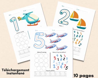 Chiffre traçable maternelle Feuille de travail imprimable nombre 1re année Activité de math tout-petit Cahier pour écrire et colorer nombre