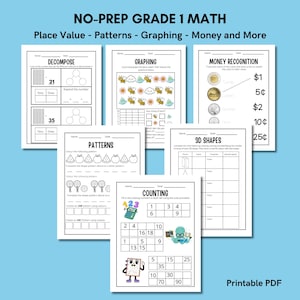 May include: A collection of printable worksheets for Grade 1 math, including topics like place value, patterns, graphing, and money recognition. The worksheets feature colorful illustrations and clear instructions, perfect for early learners.