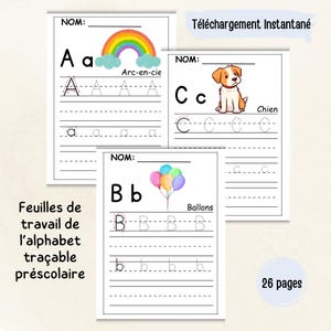 Cahier d'alphabet traçable préscolaire Feuille d'écriture manuscrete maternelle Activité de lettre imprimable Page de traçage ABC enfant