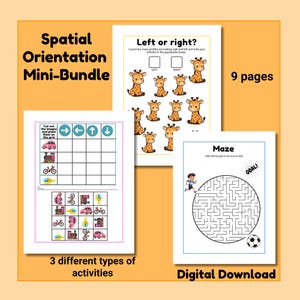 May include: A mini-bundle of spatial orientation activities. The bundle includes 9 pages with 3 different types of activities. The pages feature mazes, grids, and a "Left or Right?" activity with giraffe illustrations. The product is a digital download.