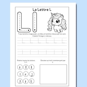 Op de afbeelding: Een zwart-wit werkblad met de letter L in hoofdletters en kleine letters. Het werkblad bevat instructies om de letters in blauw en groen te traceren, een afbeelding van een eenhoorn in te kleuren en alle letter L's te omcirkelen. Het werkblad bevat ook een ruimte om een woord te tekenen dat begint met de letter L.