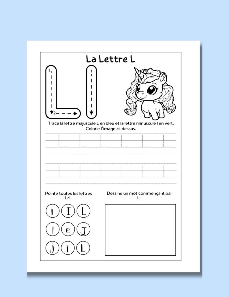 Op de afbeelding: Een zwart-wit werkblad met de letter L in hoofdletters en kleine letters. Het werkblad bevat instructies om de letters in blauw en groen te traceren, een afbeelding van een eenhoorn in te kleuren en alle letter L's te omcirkelen. Het werkblad bevat ook een ruimte om een woord te tekenen dat begint met de letter L.