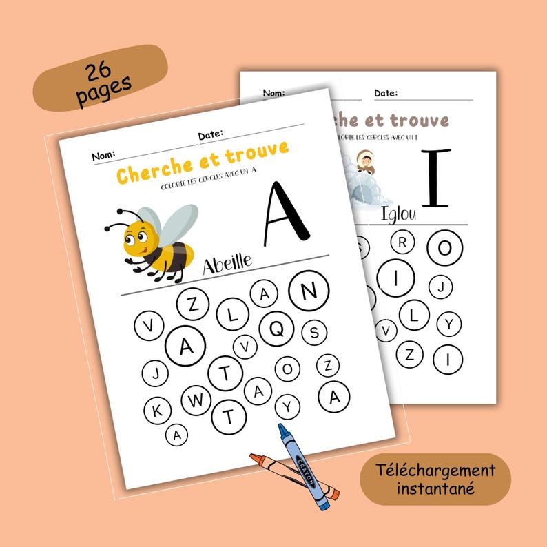 May include: Two black and white printable worksheets for kids to learn the alphabet. The first worksheet features a cartoon bee and the letter A. The second worksheet features a cartoon igloo and the letter I. Both worksheets have the French words "Cherche et trouve" which means "Find and find".