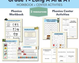 Grade 1 Long A AI AY Phonics Bundle Vowel Team Workbook + Literacy Center Activities Decodable Reading PDF