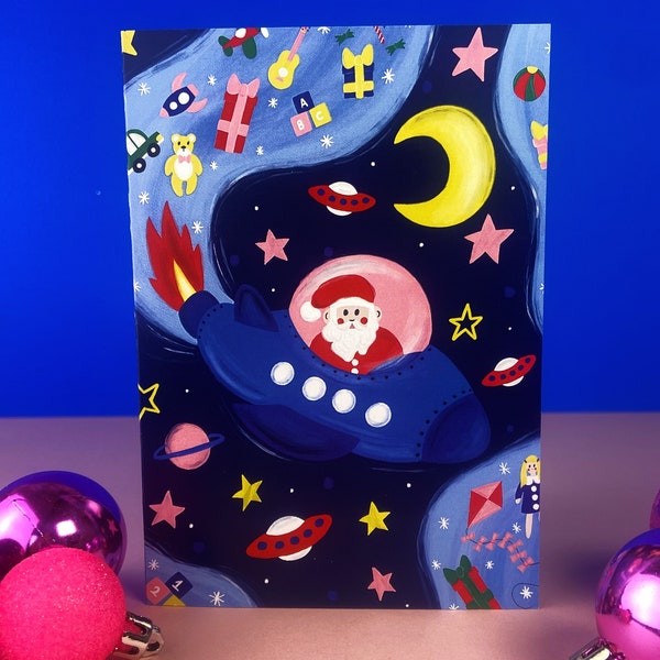 SANTA IN SPACE Card, illustrated christmas card / colourful / father christmas / spaceship /