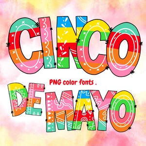 Fuentes de color del alfabeto del Cinco de mayo A-Z,a-z y 0-9.