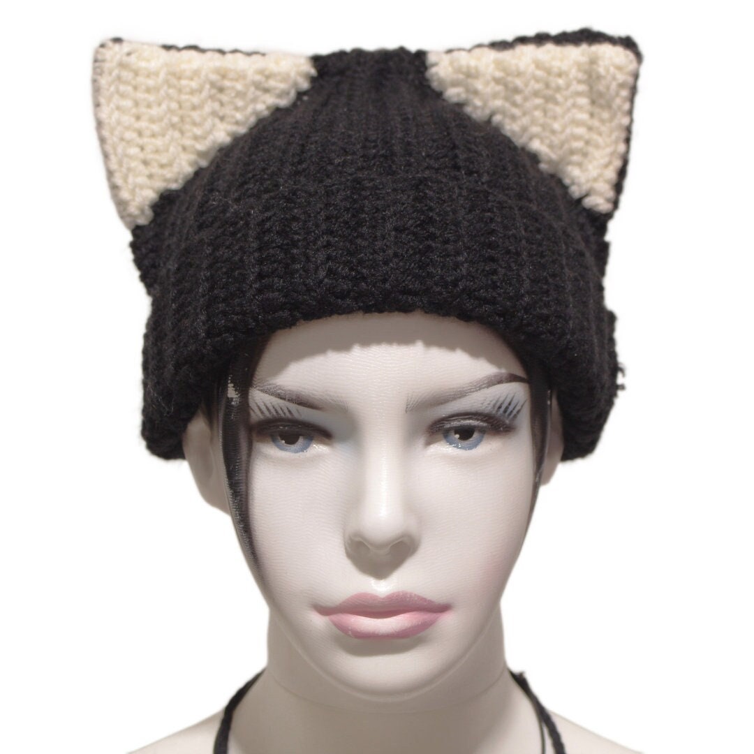 Easy Crochet Pattern Striped Earflap Cat Hat With Pom Poms Adult
