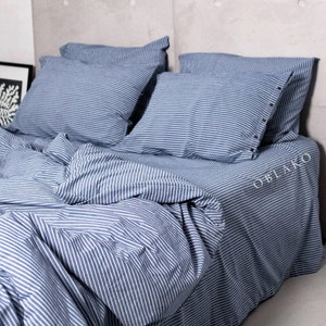 Stripe Blue Denim Duvet Cover Set – Custom 4 piece Sheets set - Navy Washed Cotton Striped Bedding