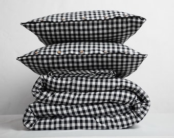 Black Gingham Washed Cotton Duvet Cover – Plaid Bedding Set – Dorm Cotton 4 piece Bed Linen - Wrinkle Resist