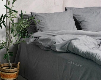 Stonewashed Gray Duvet Cover Set – Washed Cotton Bedding – Soft Non-Ironing Linen Look – Custom Sizes – Minimalist Cozy Bedroom Decor