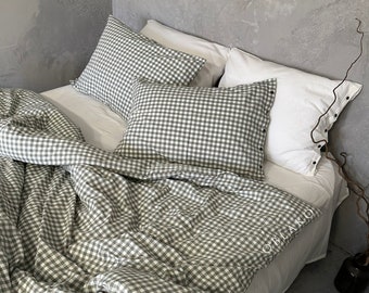 Gingham Washed Cotton Duvet Cover Set – Green Plaid Bedding Set – Dorm 3 piece Bed Linen - Wrinkle Resist