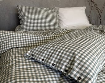 Green Gingham Duvet Cover – Plaid Queen Duvet Cover Set - Check Cotton Comforter Cover - Ships from United States