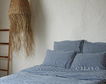 Navy Blue Gingham Duvet Cover – Washed cotton Queen Duvet Cover Set - Duvet Cover with Pillowcases - Ships from United States