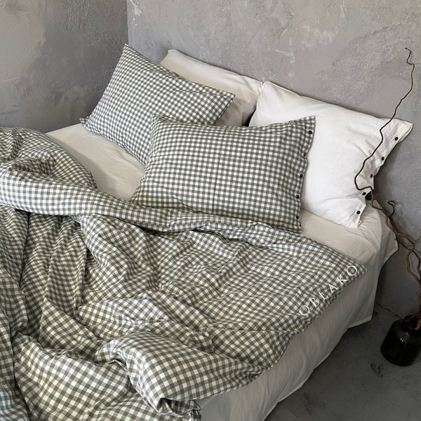 Gingham Washed Cotton Duvet Cover Set – Green Plaid Bedding Set – Dorm 3 piece Bed Linen - Wrinkle Resist