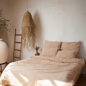 Beige Gingham Duvet Cover – Plaid Queen Duvet Cover Set - Duvet Cover with Pillowcases - Ships from United States