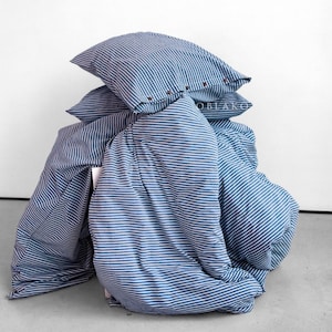 Blue Striped Duvet Cover – Washed Cotton Bedding Set –  Breathable Denim Stripe Bed Sheets