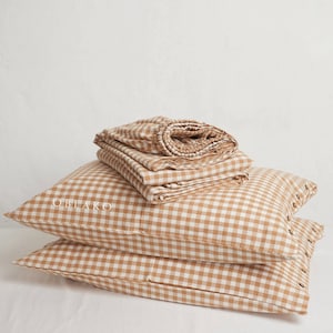 Gingham Washed Cotton Bed Sheets – Beige Plaid Flat and Fitted Sheet Set – Dorm Cotton 4 piece Bed Linen