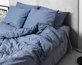 Full Bedding Set – Denim Blue Duvet Cover, Fitted Sheet & 2 Pillowcases – Washed Cotton – Minimalist Bedroom