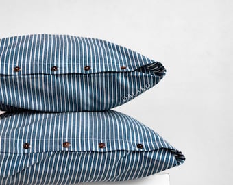 Washed Cotton Pillowcase Set of 2 - Striped Blue Beige Gray Pillow Sham - Pillow Covers