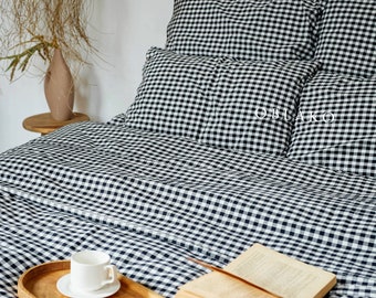 Gingham Washed Cotton Duvet Cover Set – Black Plaid Duvet Cover Bedding Set – Dorm Cotton 3 piece Bed Linen - Wrinkle Resist