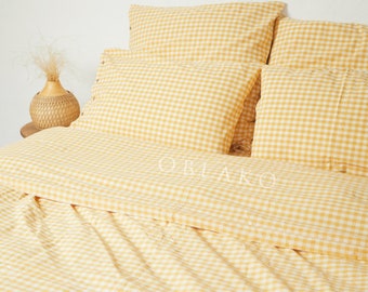 Yellow Gingham Duvet Cover – Plaid Queen Duvet Cover Set - Check Cotton Comforter Cover Washed cotton - Ships from United States